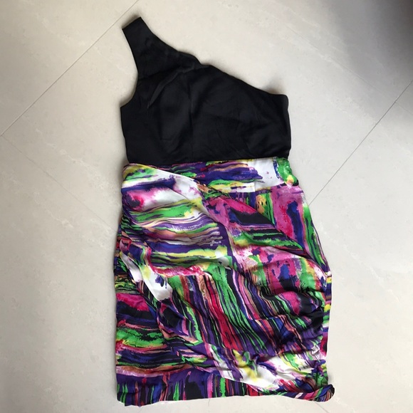 ALICE & OLIVIA Breanna Draped One Shoulder Dress Multicolor Silk $470 - Picture 4 of 12